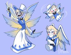 an image of some cartoon characters with wings and dress up clothes, one is dressed in blue