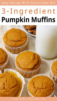 pumpkin muffins with pecans and milk in the background