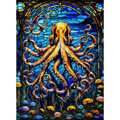 an octopus in front of a stained glass window with seaweed and fish around it