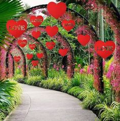 a garden with lots of red hearts hanging from the trees