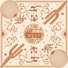 an orange and white poster with various items for the festival, including boots, umbrellas,