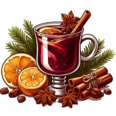 a cup of mulled with cinnamon and orange slices