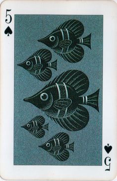 playing cards with fish on them in black and blue colors, each card has five different sides