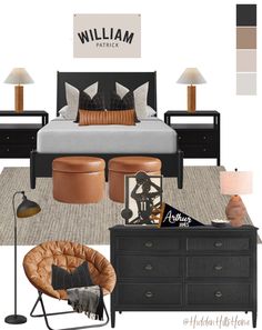 a bedroom with black furniture and brown accents, including a bed, dresser, chair, lamp