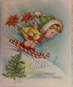 an old fashioned christmas card with a child on skis