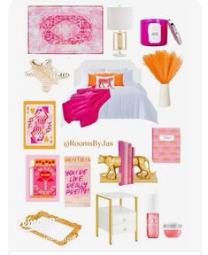 a collage of pink and gold items