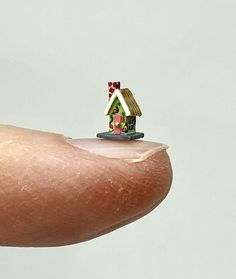 a tiny house sitting on top of someone's finger