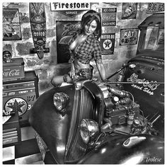 a woman sitting on top of an old fashioned car in a garage filled with signs