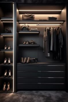 an empty closet with shoes and clothes on shelves