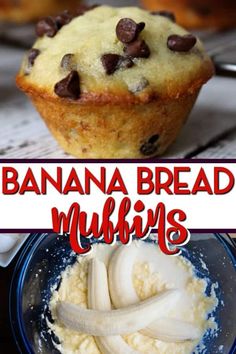 banana bread muffins with chocolate chips and vanilla ice cream in a blue bowl