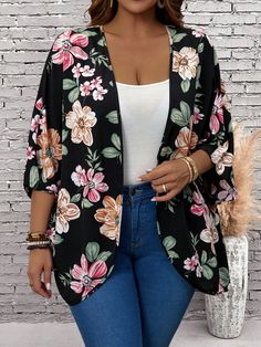 Negro Bohemio Collar manga francesa Tela tricotada Floral,A cuadros,Plantas,Estampado Integral Más Embellished No-Elástico Manche, Open Front Kimono, Kimono Floral, Black Boho, Plus Size Coats, Floral Kimono, Fabric Floral, Shein Tops, Summer Floral