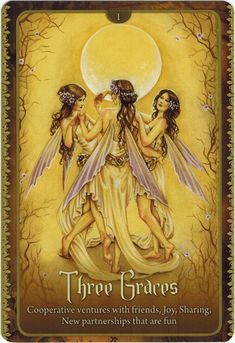 three graces tarot card with two women holding each other's hands and the moon in the background