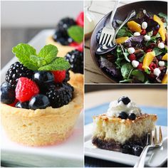 there are four different desserts on the plates and one is topped with berries, blueberries, raspberries