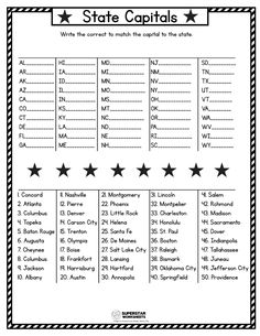 state capital worksheet with five stars