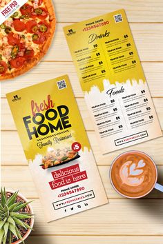 a pizza menu is shown on a wooden table next to a cup of coffee and a potted plant