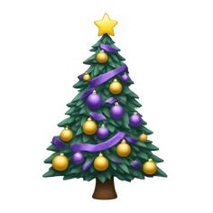 a christmas tree with purple and gold ornaments on it's top, in front of a white background