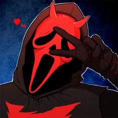 a person wearing a red mask and holding their hand up to his face