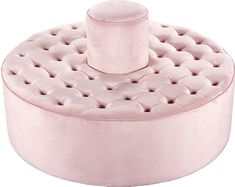 a pink round ottoman with buttons on the top and an oval foot rest in the middle