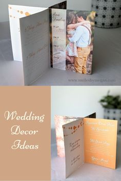 an open wedding card with two photos inside