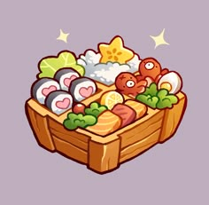 a wooden box filled with lots of sushi on top of a purple tablecloth