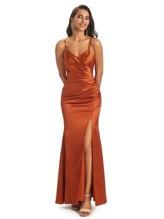 Hot Spaghetti Straps Soft Satin Pleats Side Slit Mermaid Long prom Dresses - ChicSew Burnt Orange Prom Dress, Orange Formal Dresses, Burnt Orange Bridesmaid Dresses, Mermaid Long Bridesmaid Dresses, Orange Prom Dresses, Prom Dress Inspo, Bridesmaid Dresses Uk, Orange Bridesmaid Dresses, Burnt Orange Dress