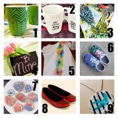 there are many different items that can be found in this collage, including shoes and mugs