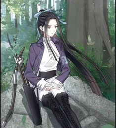 a woman sitting on top of a rock in the forest with long hair and holding an arrow