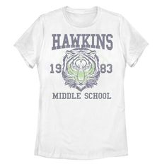 You'll love wearing this juniors' Netflix Stranger Things Hawkins Middle School 1983 Tiger graphic tee. You'll love wearing this juniors' Netflix Stranger Things Hawkins Middle School 1983 Tiger graphic tee. Crewneck Short sleevesFABRIC & CARE Cotton Machine wash Imported Size: Small. Color: White. Gender: female. Age Group: kids. Hawkins Middle School, School Spirit Shirts Designs, Netflix Stranger Things, Tiger Graphic, School Spirit Shirts, Spirit Shirts, Student Council, Vintage School, Stranger Things Netflix