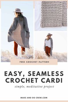 the easy crochet cardi pattern is shown in three different styles