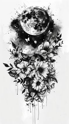 a black and white drawing of flowers with the moon in the background