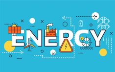 the word energy is surrounded by icons and symbols on a blue background with white lines