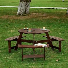 a picnic table with two benches in the grass next to a tree and grassy area