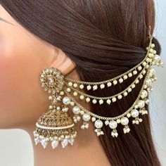 Kaan Chain Earrings, Chain Jhumka Earrings, Affordable Kundan Bollywood Earrings, Luxury Latkans Dangle Earrings, Luxury Chandbalis For Eid Festive, Wedding Jewelry Pakistani, Luxury Fusion Style Jeweled Jhumkas, Cute Ear Jewelry, Luxury Latkans Jewelry Sets For Diwali