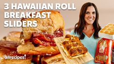 a woman holding a tray of food next to some breads and pastries with the words hawaiian roll breakfast sliders