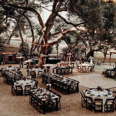 an outdoor dining area with tables, chairs and umbrellas set up for dinner under the trees