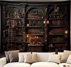 a living room filled with lots of furniture next to a wall covered in bookshelves