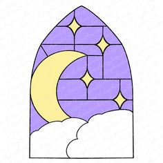 an image of a window with the moon and stars on it, as well as clouds