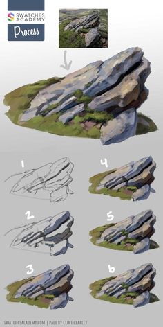 How To Paint a Rock Process Rock Art Reference, Digital Landscape Painting Tutorial, Stone Digital Painting, Rock Tutorial Digital, Painting Study Ideas, Rock Digital Art, How To Draw Concept Art, Plant Study Drawing, Environment Art Tutorial