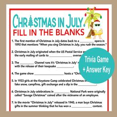 christmas in july fill in the blanks for trivia game and answer key with an ornament