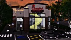 an animated image of a restaurant with cars parked in the parking lot next to it