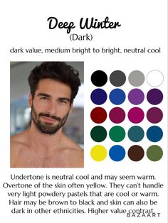 a man with dark hair and beard in different colors, including the words deep winter