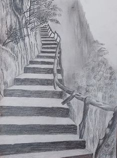 a pencil drawing of stairs leading to the top of a hill