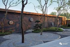 an outdoor garden with trees and rocks on the ground