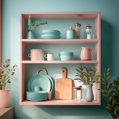 the shelves are filled with dishes and vases, plants, and potted plants