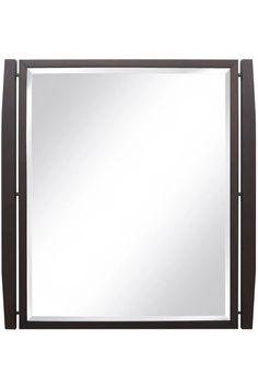 a square mirror with metal frame and dark wood trimmings on the edges, in front of a white background