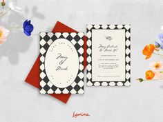 two wedding cards with flowers on them and the same card in red, white, and black