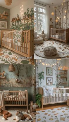 the baby's room is decorated in woodland theme