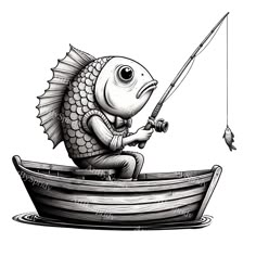 a drawing of a fish with a fishing rod in a boat and another fish on the water