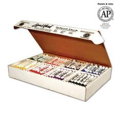 an open box filled with lots of different colored pencils