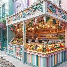 a colorful food stand with lots of different foods on it's display shelves and lights hanging from the ceiling